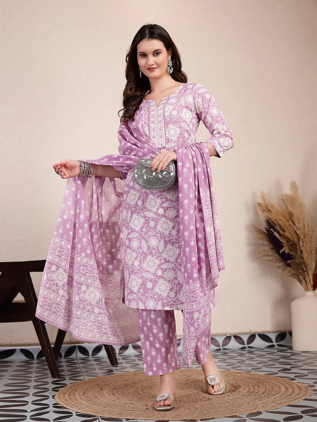 Yufta Purple Ethnic Motifs Print Straight Kurta Trouser Dupatta Set | Grocsy