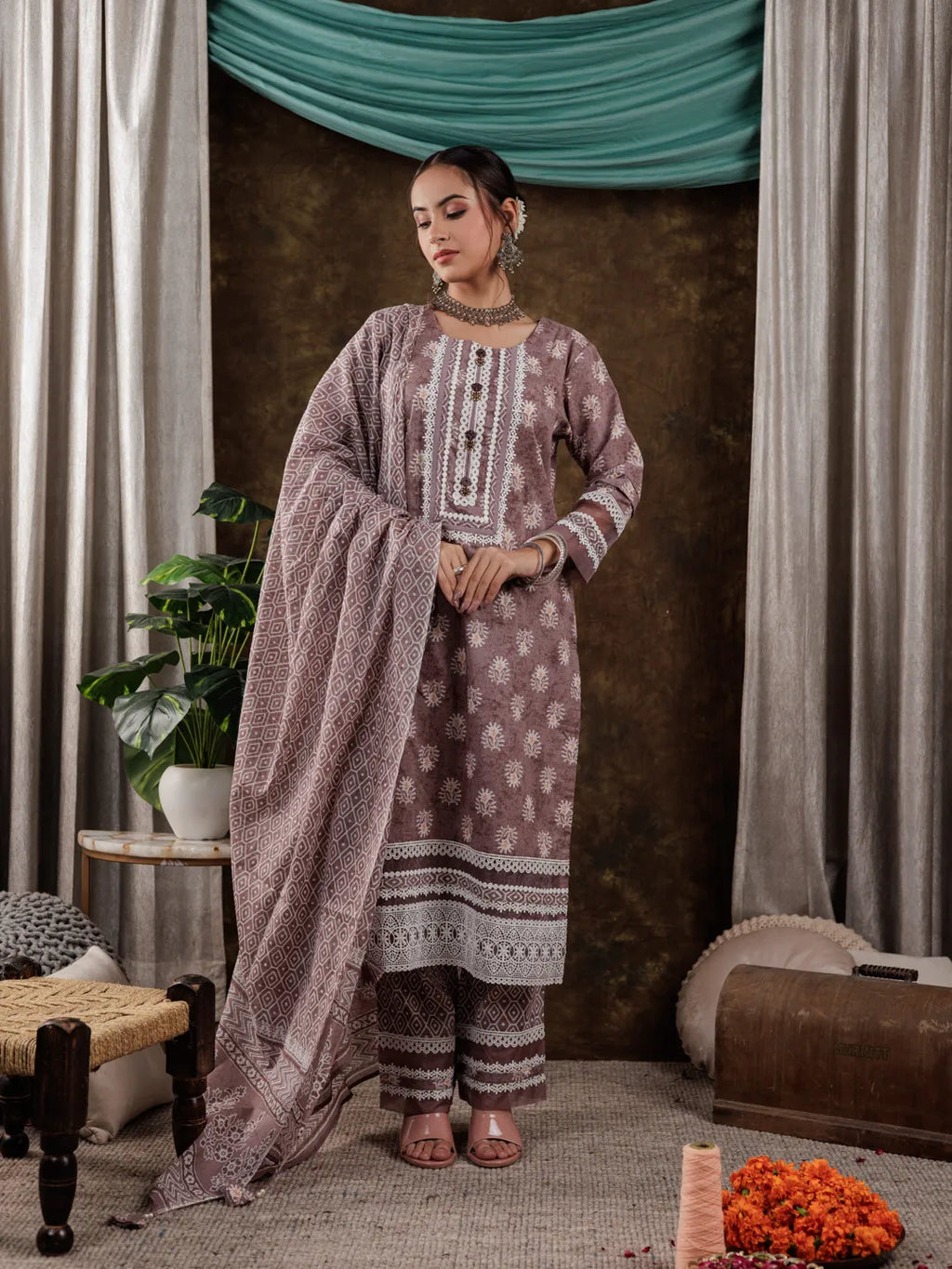 Yufta Purple Ethnic Motifs Pure Cotton Kurta Dupatta Set With Lace Detailing | Grocsy