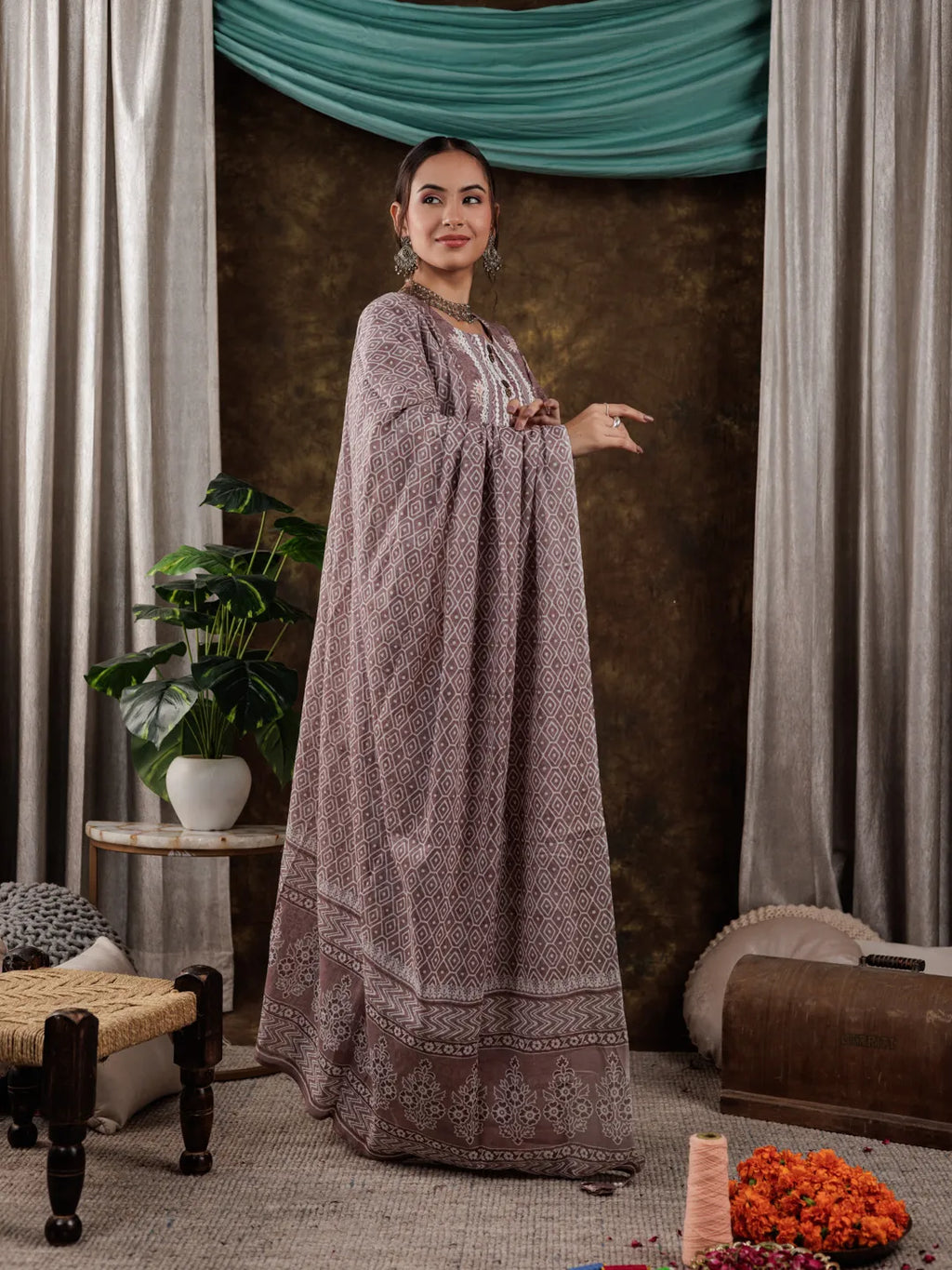 Yufta Purple Ethnic Motifs Pure Cotton Kurta Dupatta Set With Lace Detailing | Grocsy