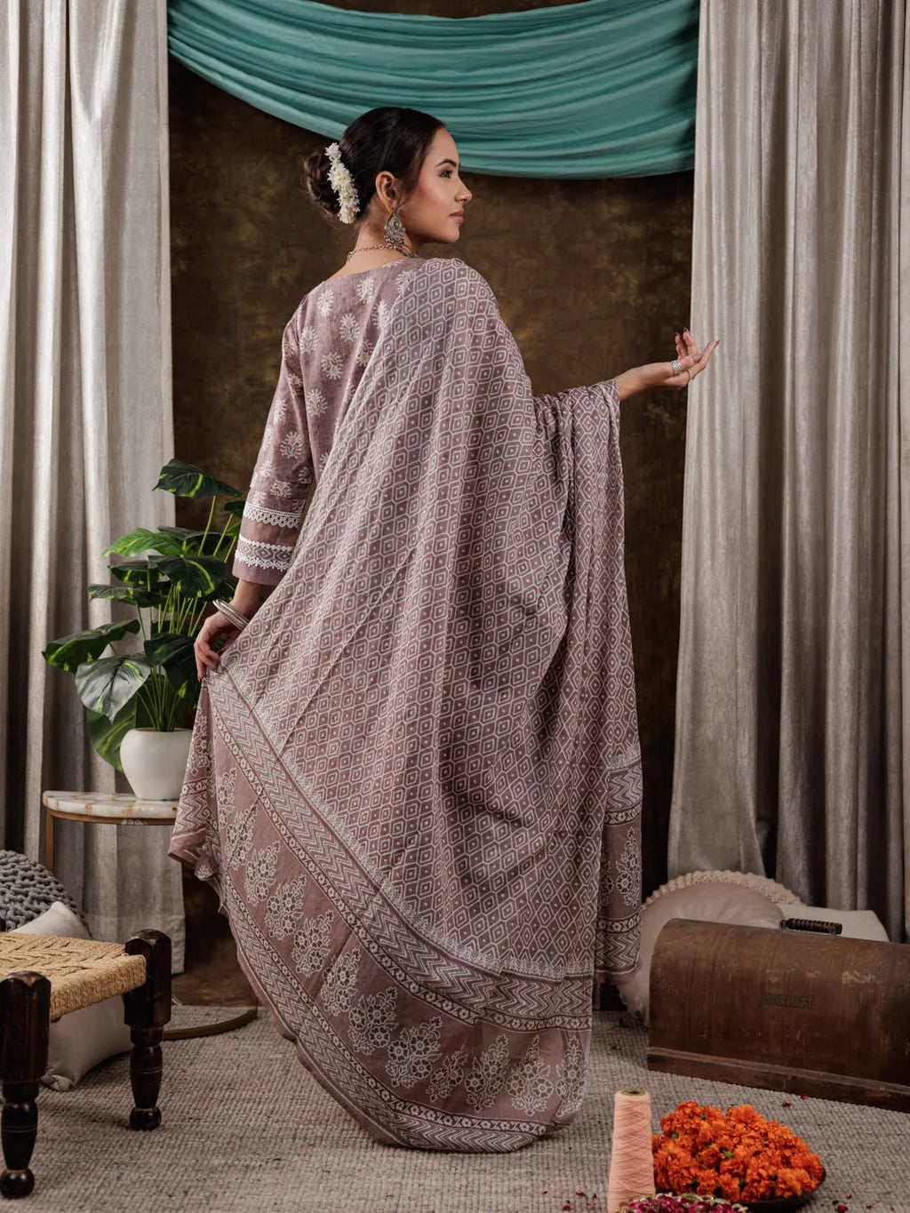 Yufta Purple Ethnic Motifs Pure Cotton Kurta Dupatta Set With Lace Detailing | Grocsy