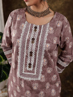 Yufta Purple Ethnic Motifs Pure Cotton Kurta Dupatta Set With Lace Detailing | Grocsy