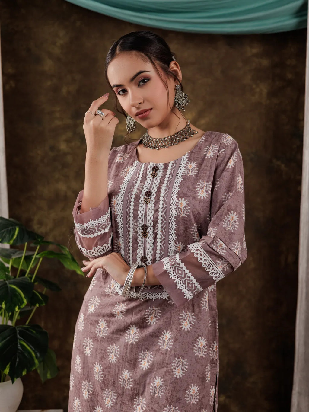 Yufta Purple Ethnic Motifs Pure Cotton Kurta Dupatta Set With Lace Detailing | Grocsy