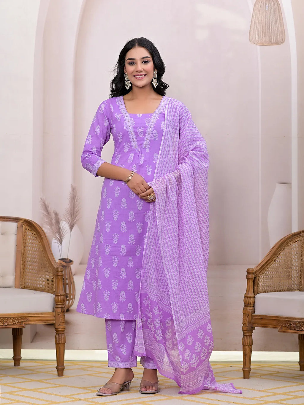 Yufta Purple Floral Cotton A-Line Suit Set | Grocsy