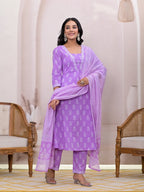 Yufta Purple Floral Cotton A-Line Suit Set | Grocsy