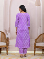 Yufta Purple Floral Cotton A-Line Suit Set | Grocsy