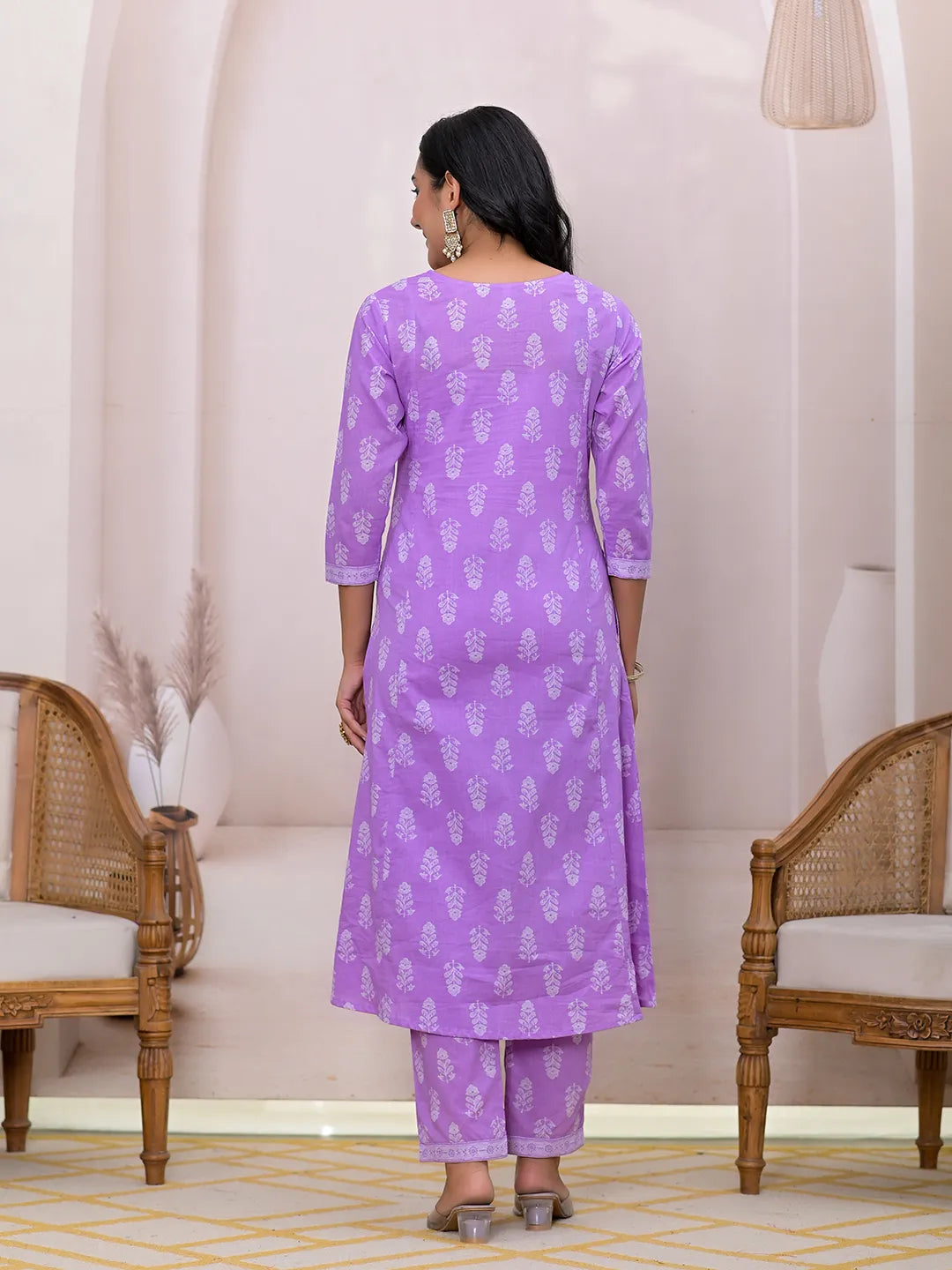 Yufta Purple Floral Cotton A-Line Suit Set | Grocsy