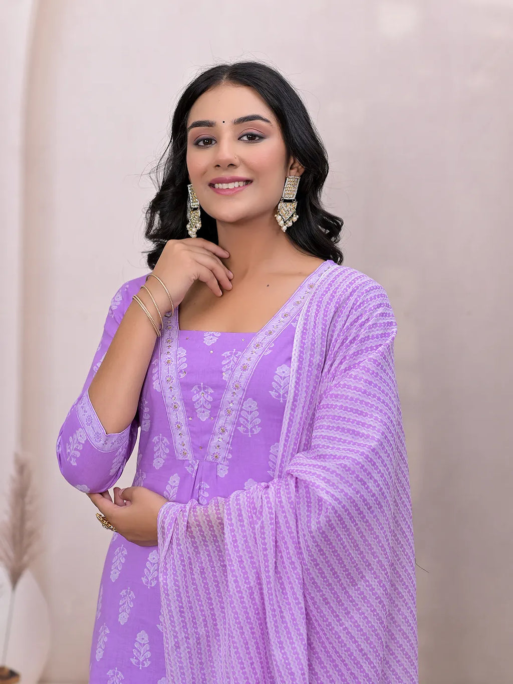 Yufta Purple Floral Cotton A-Line Suit Set | Grocsy
