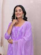 Yufta Purple Floral Cotton A-Line Suit Set | Grocsy