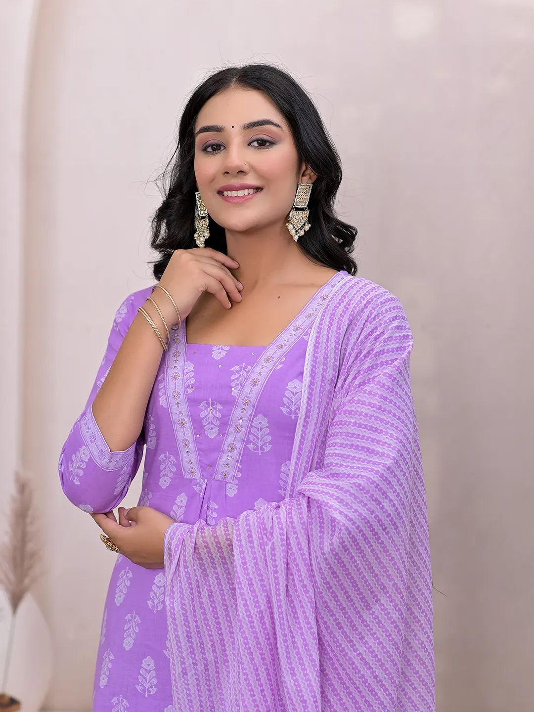 Yufta Purple Floral Cotton A-Line Suit Set | Grocsy