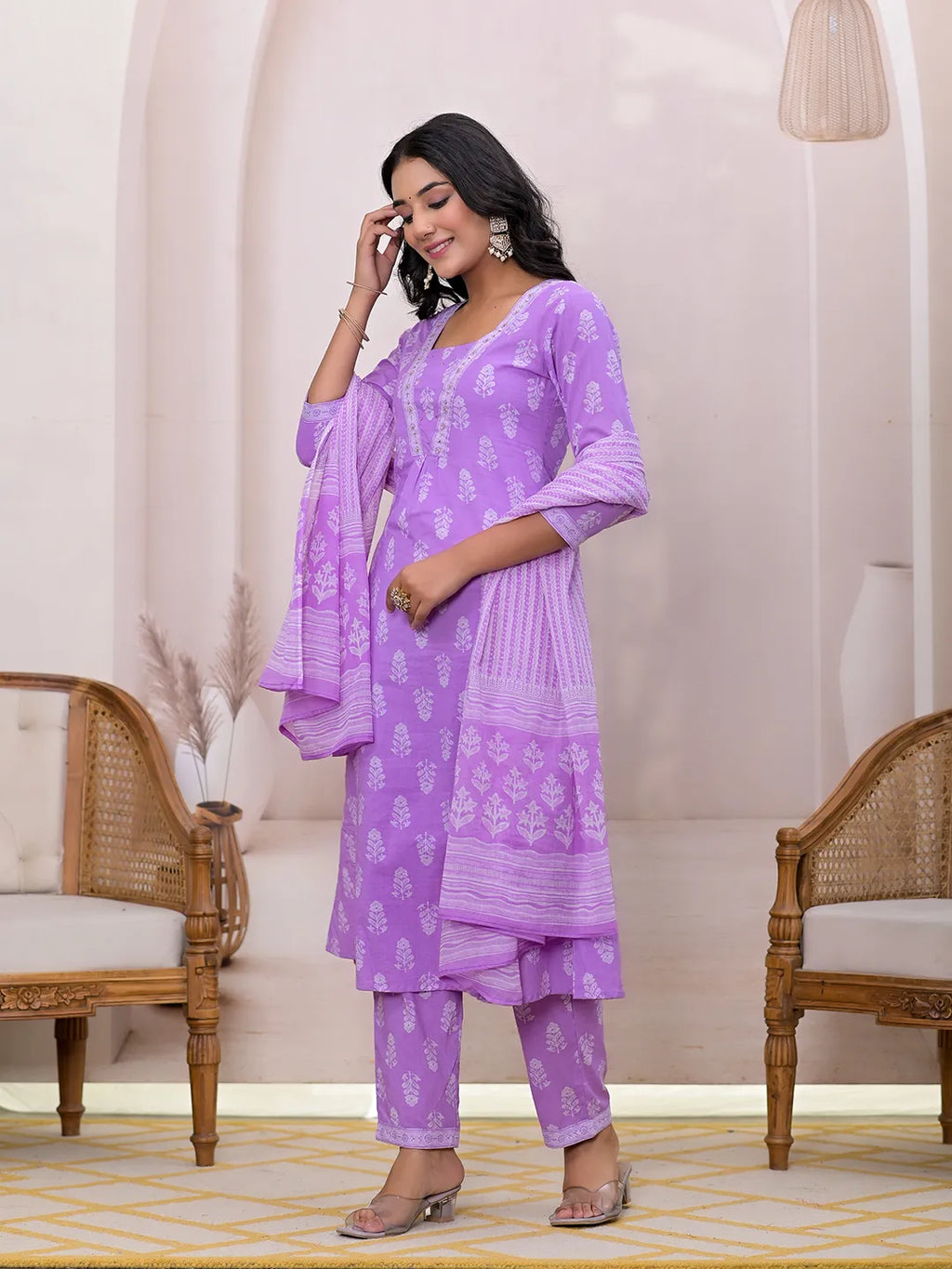 Yufta Purple Floral Cotton A-Line Suit Set | Grocsy