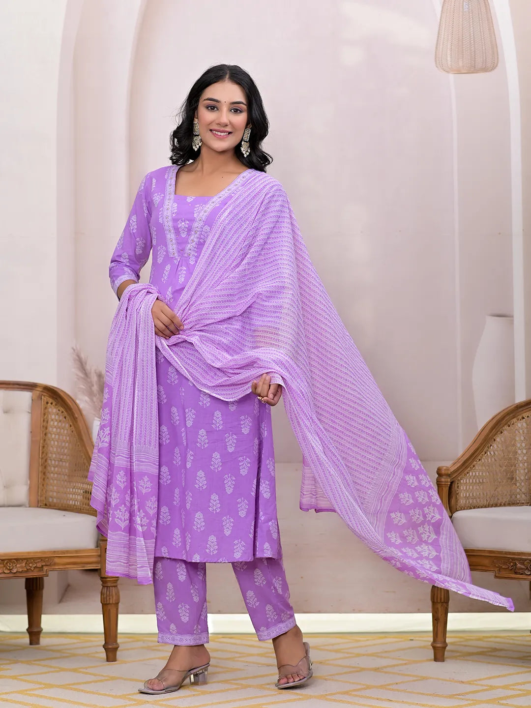 Yufta Purple Floral Cotton A-Line Suit Set | Grocsy