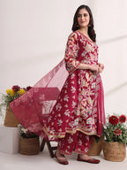 Yufta Purple Floral Print A-Line Kurta Trouser And Dupatta Set | Grocsy