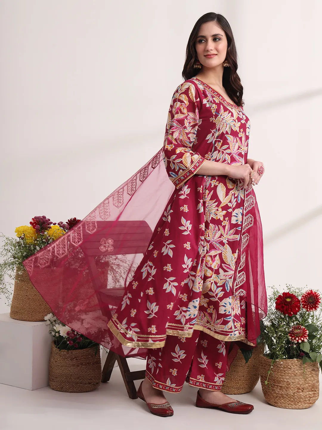 Yufta Purple Floral Print A-Line Kurta Trouser And Dupatta Set | Grocsy