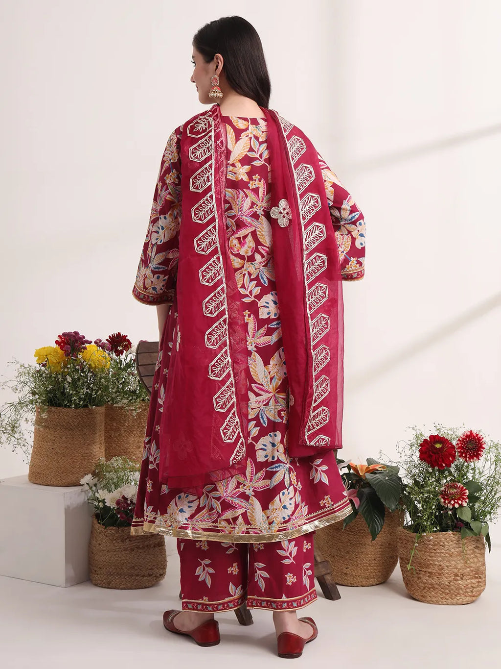 Yufta Purple Floral Print A-Line Kurta Trouser And Dupatta Set | Grocsy