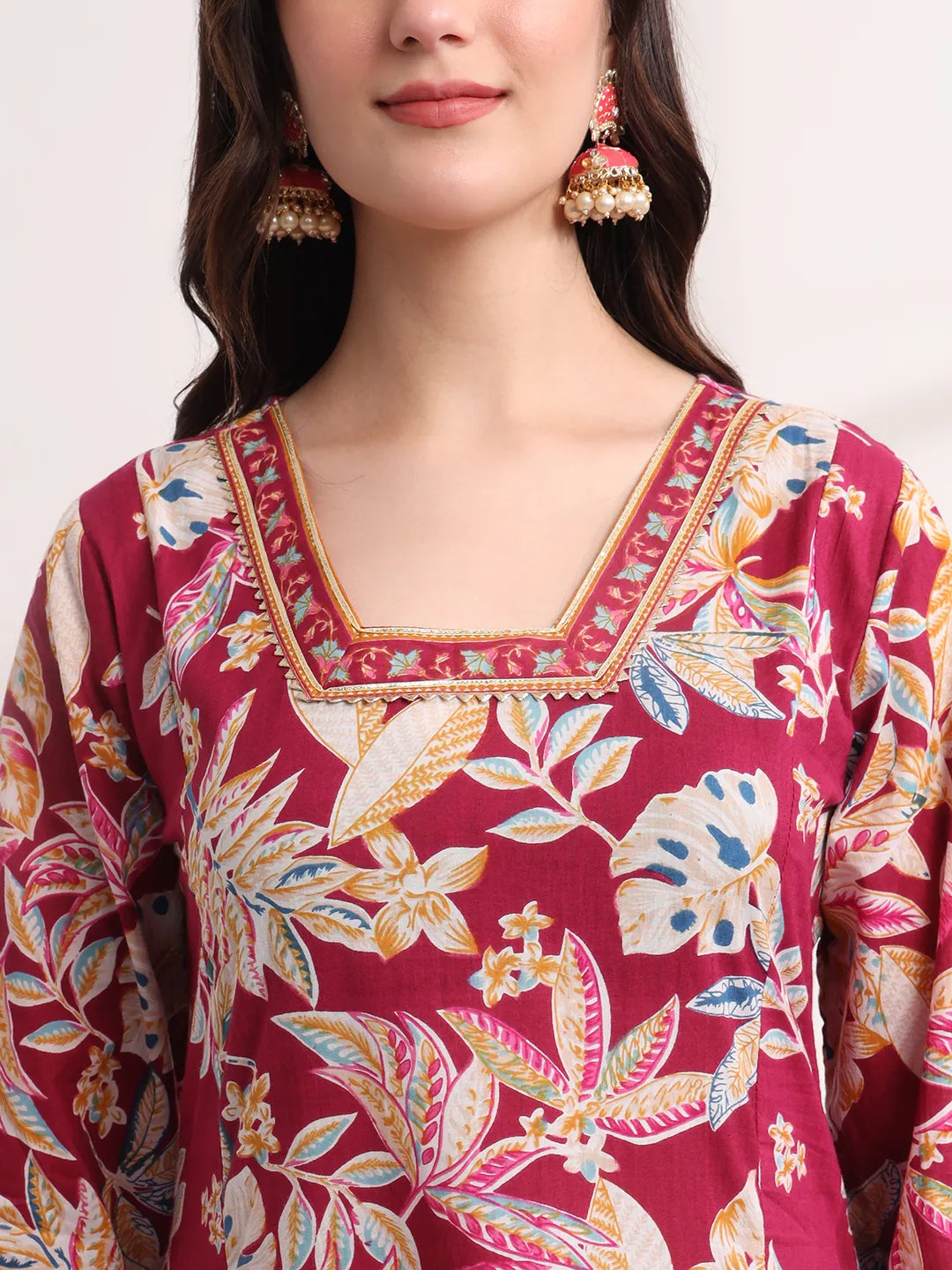 Yufta Purple Floral Print A-Line Kurta Trouser And Dupatta Set | Grocsy
