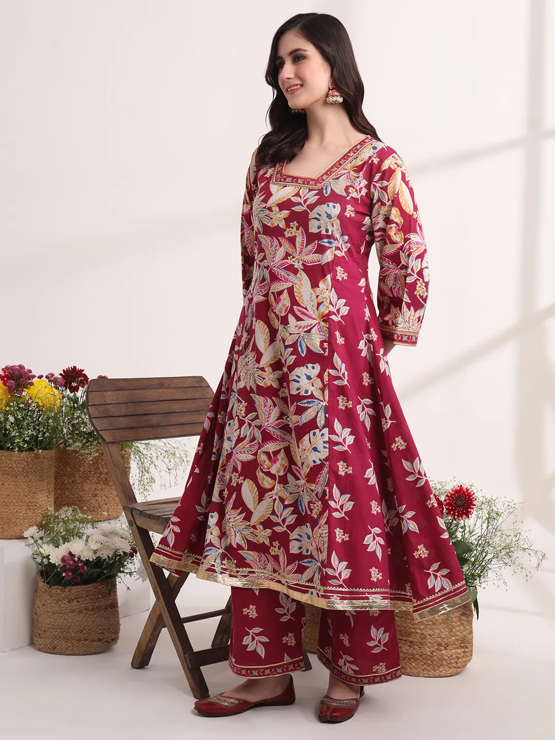 Yufta Purple Floral Print A-Line Kurta Trouser And Dupatta Set | Grocsy