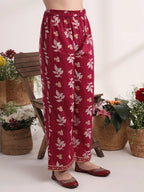 Yufta Purple Floral Print A-Line Kurta Trouser And Dupatta Set | Grocsy