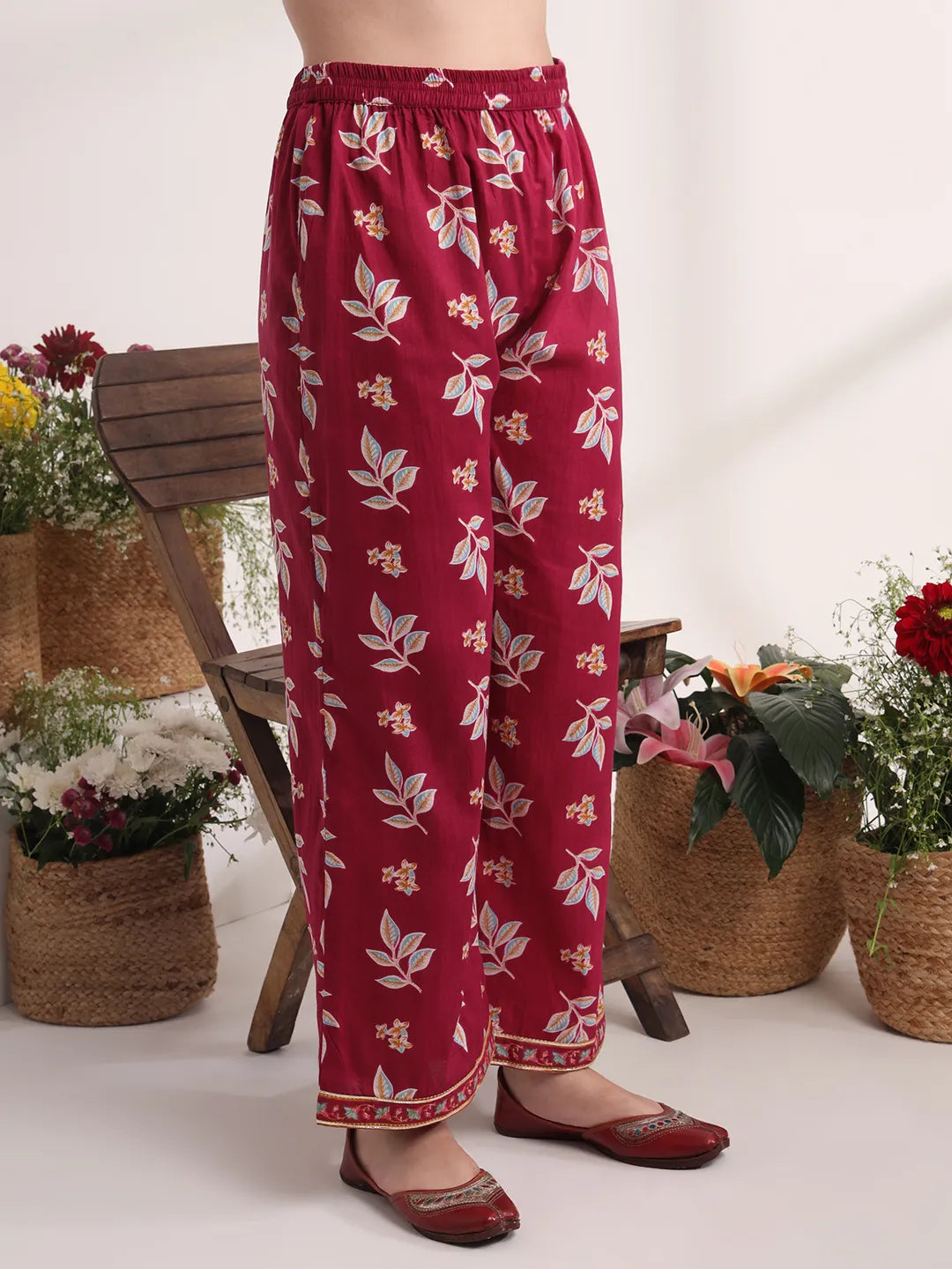 Yufta Purple Floral Print A-Line Kurta Trouser And Dupatta Set | Grocsy