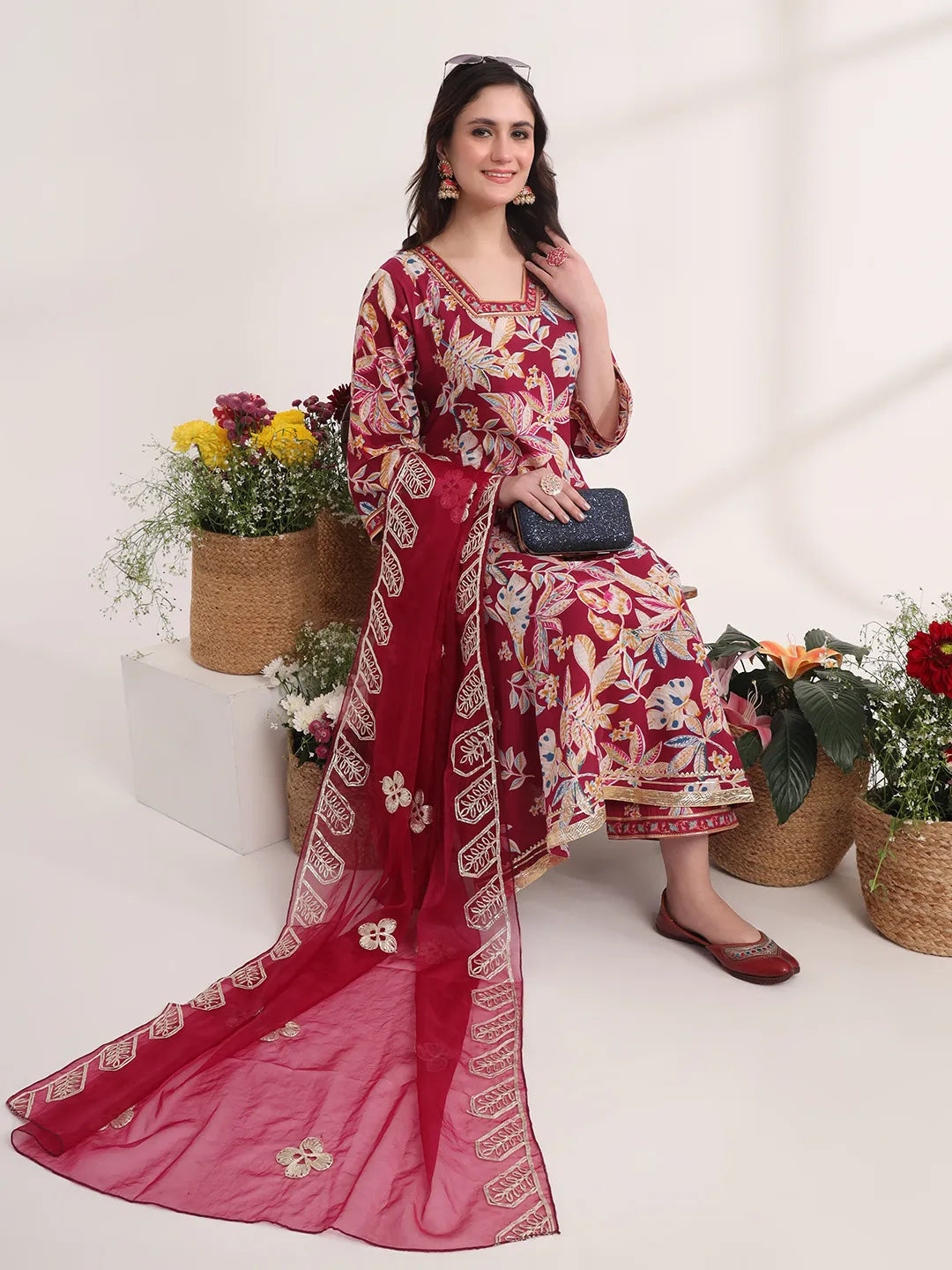 Yufta Purple Floral Print A-Line Kurta Trouser And Dupatta Set | Grocsy