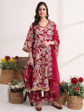 Yufta Purple Floral Print A-Line Kurta Trouser And Dupatta Set | Grocsy