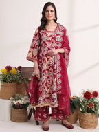 Yufta Purple Floral Print A-Line Kurta Trouser And Dupatta Set | Grocsy