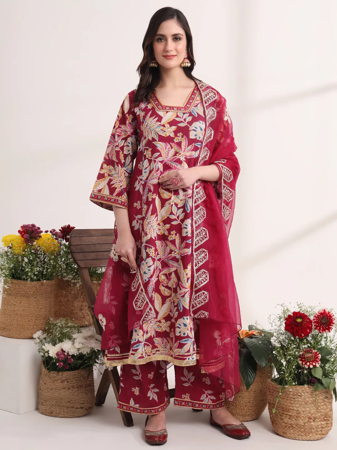 Yufta Purple Floral Print A-Line Kurta Trouser And Dupatta Set | Grocsy