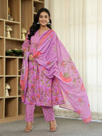 Yufta Purple Floral Print ALine Kurta Trouser Dupatta Set | Grocsy