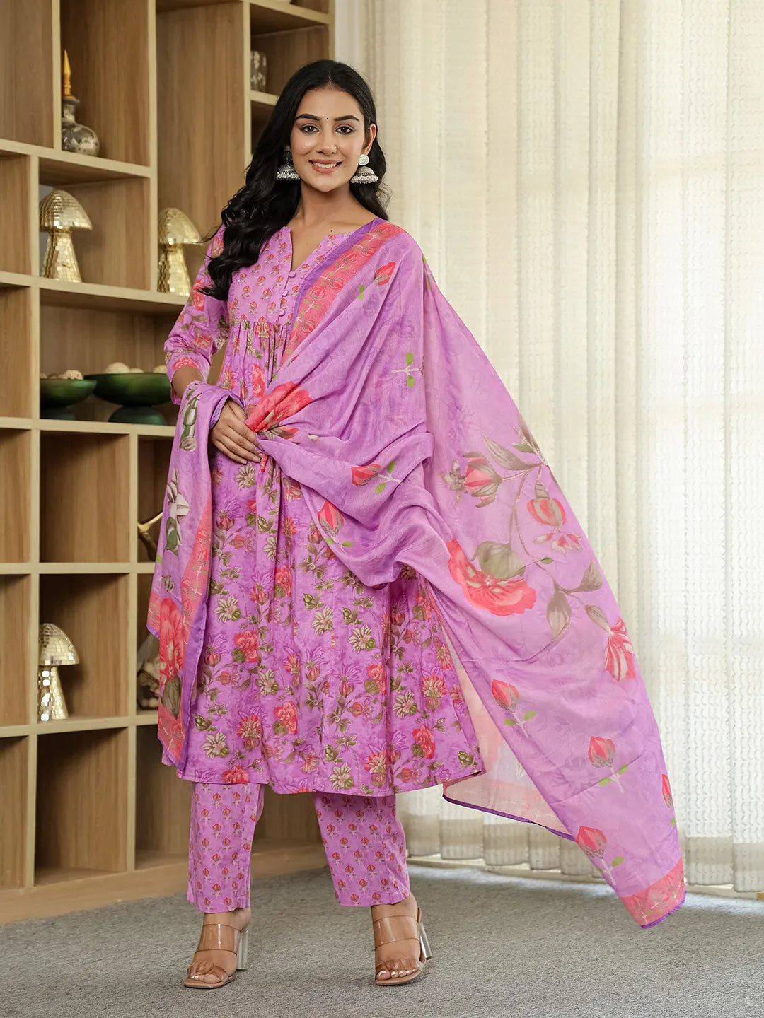 Yufta Purple Floral Print ALine Kurta Trouser Dupatta Set | Grocsy