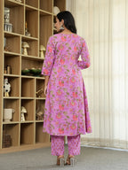 Yufta Purple Floral Print ALine Kurta Trouser Dupatta Set | Grocsy