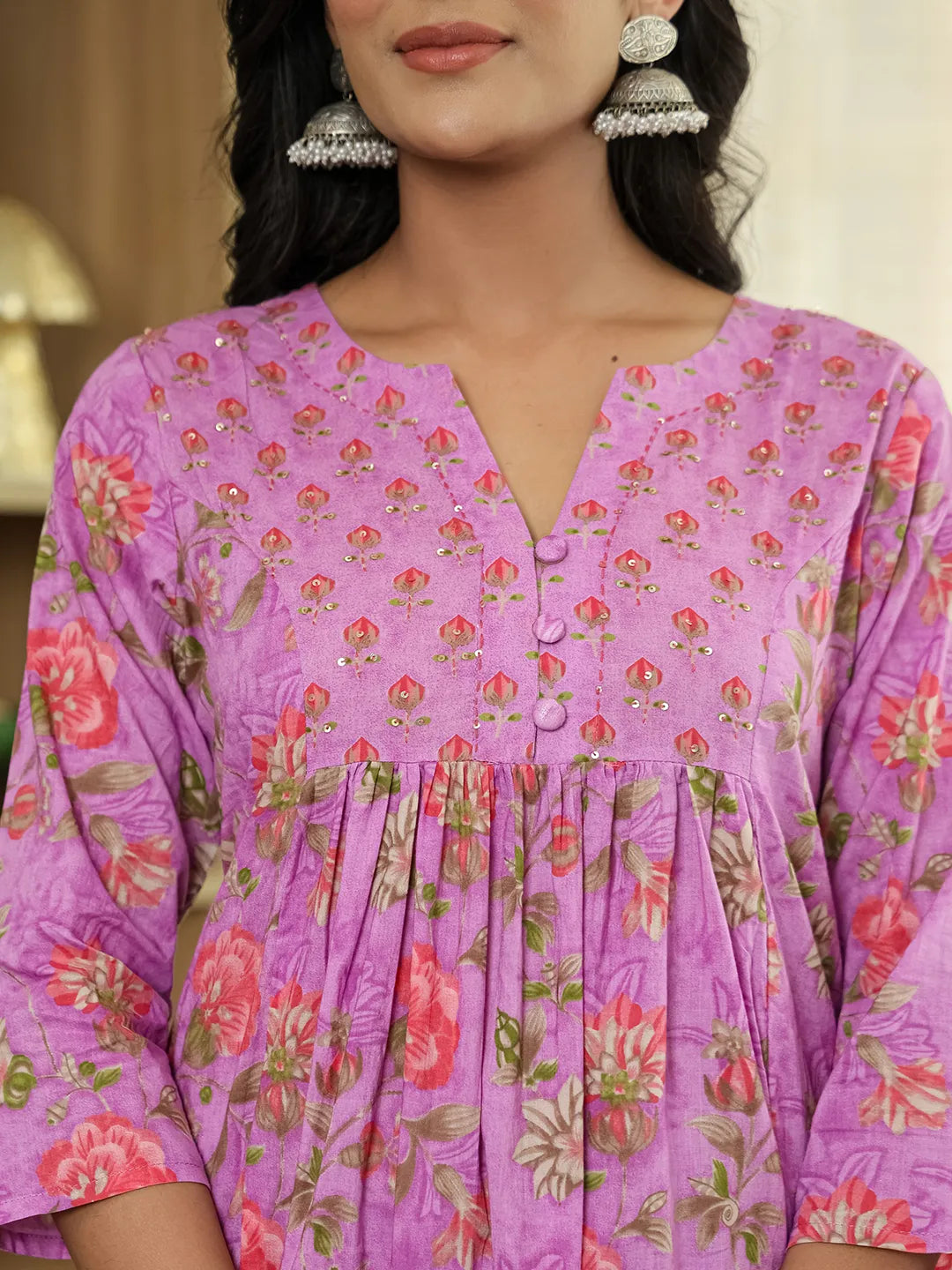 Yufta Purple Floral Print ALine Kurta Trouser Dupatta Set | Grocsy