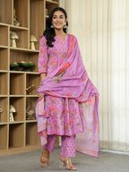 Yufta Purple Floral Print ALine Kurta Trouser Dupatta Set | Grocsy