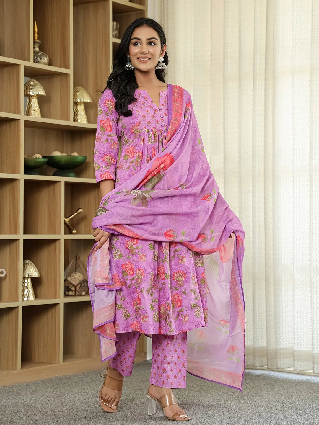 Yufta Purple Floral Print ALine Kurta Trouser Dupatta Set | Grocsy
