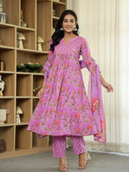 Yufta Purple Floral Print ALine Kurta Trouser Dupatta Set | Grocsy