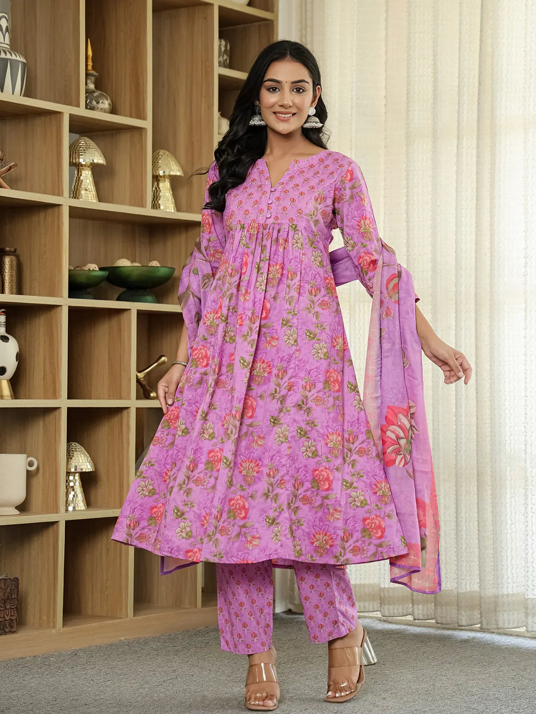 Yufta Purple Floral Print ALine Kurta Trouser Dupatta Set | Grocsy