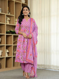 Yufta Purple Floral Print ALine Kurta Trouser Dupatta Set | Grocsy