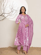 Yufta Purple Floral Print Embroidery Cotton Anarkali Suit Set | Grocsy