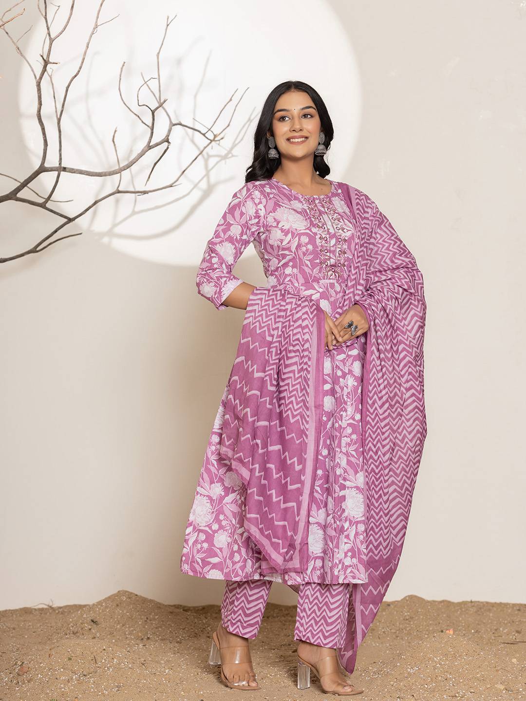 Yufta Purple Floral Print Embroidery Cotton Anarkali Suit Set | Grocsy
