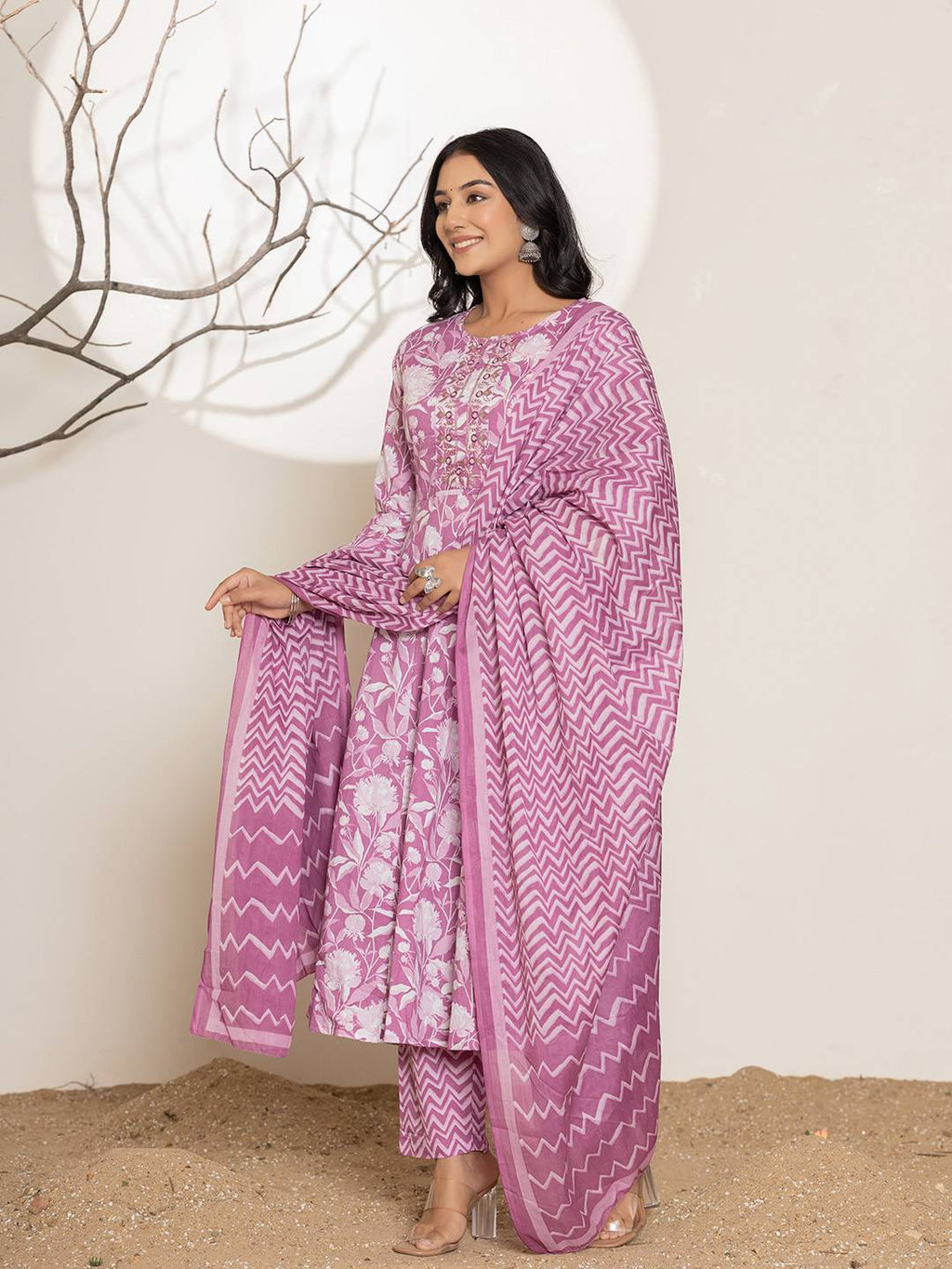 Yufta Purple Floral Print Embroidery Cotton Anarkali Suit Set | Grocsy