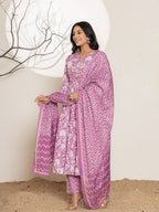 Yufta Purple Floral Print Embroidery Cotton Anarkali Suit Set | Grocsy