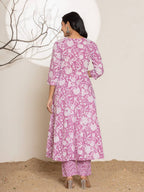 Yufta Purple Floral Print Embroidery Cotton Anarkali Suit Set | Grocsy