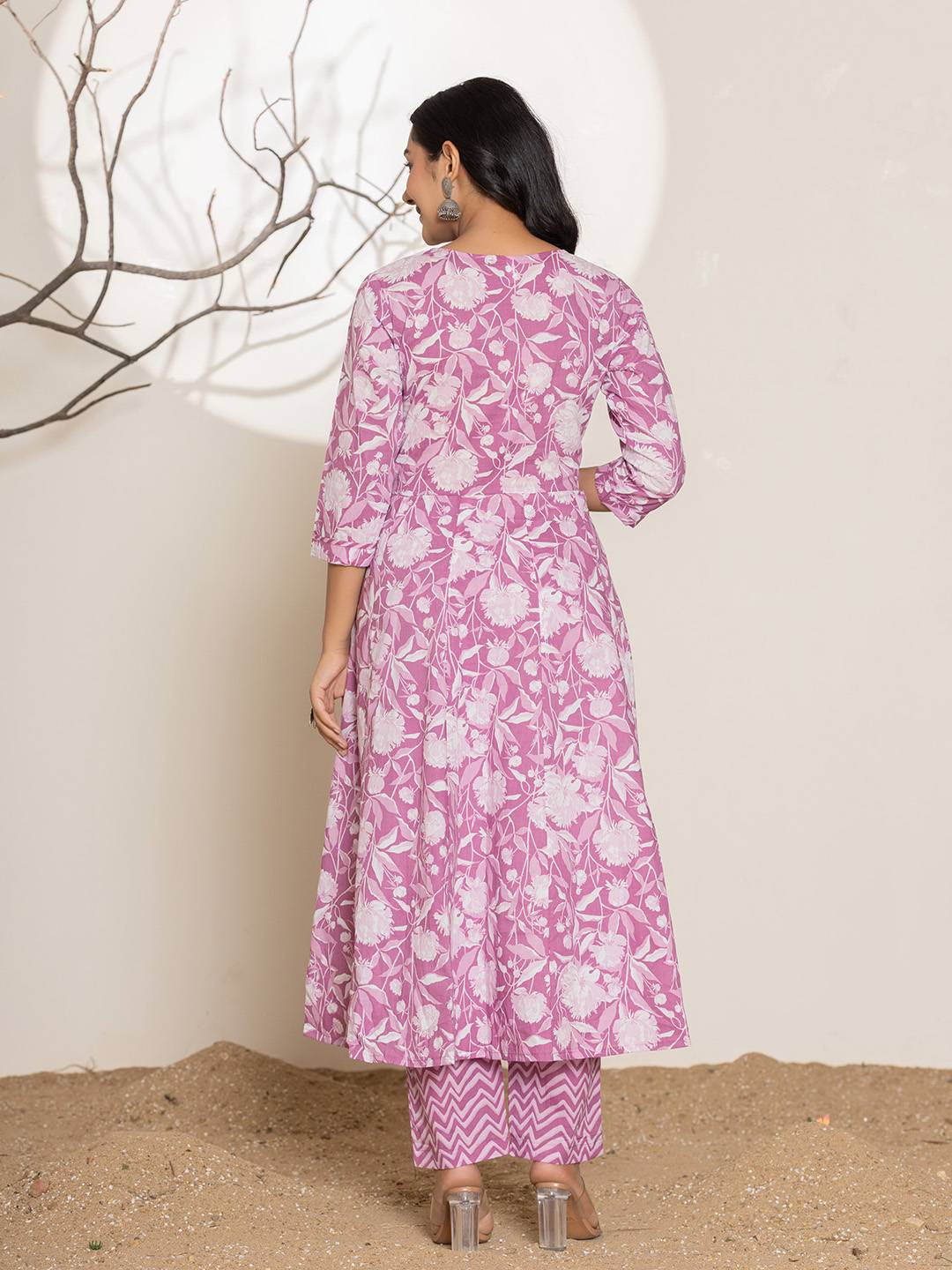 Yufta Purple Floral Print Embroidery Cotton Anarkali Suit Set | Grocsy