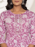 Yufta Purple Floral Print Embroidery Cotton Anarkali Suit Set | Grocsy