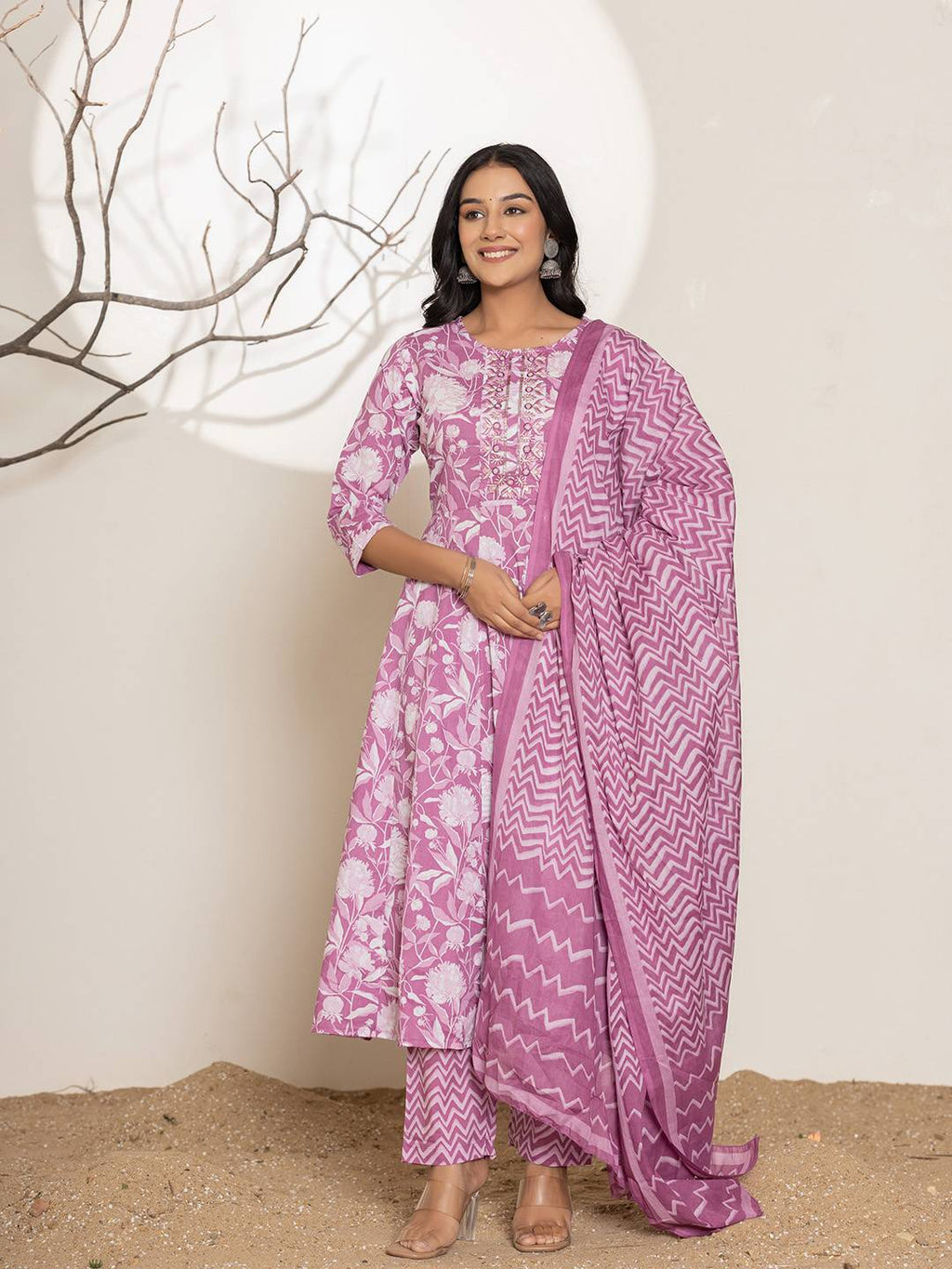 Yufta Purple Floral Print Embroidery Cotton Anarkali Suit Set | Grocsy