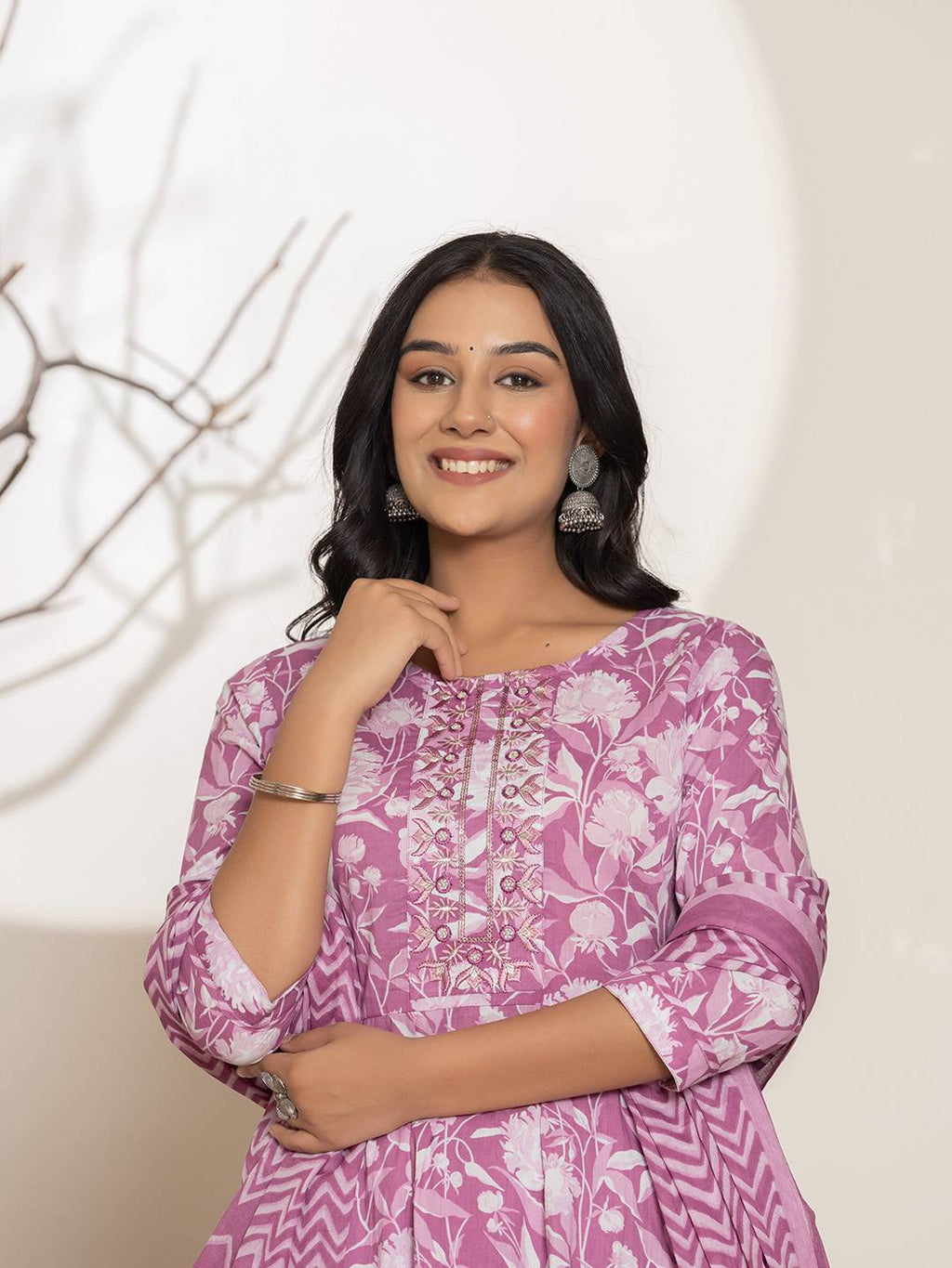 Yufta Purple Floral Print Embroidery Cotton Anarkali Suit Set | Grocsy