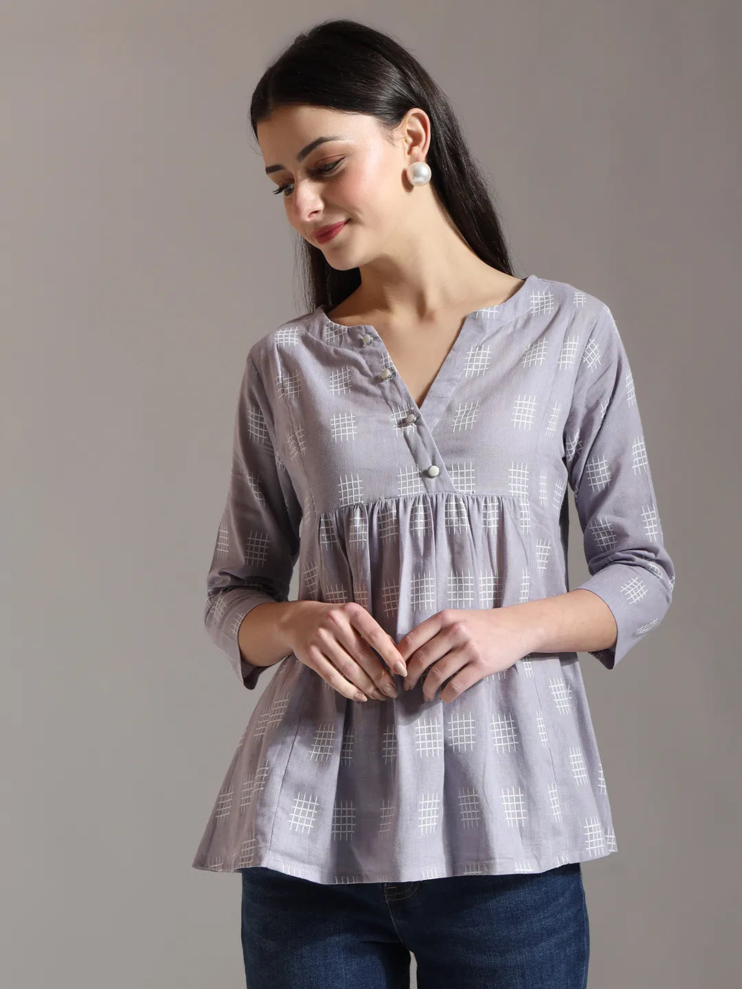 Yufta Purple Handloom Cotton Gathered Or Pleated Top | Grocsy