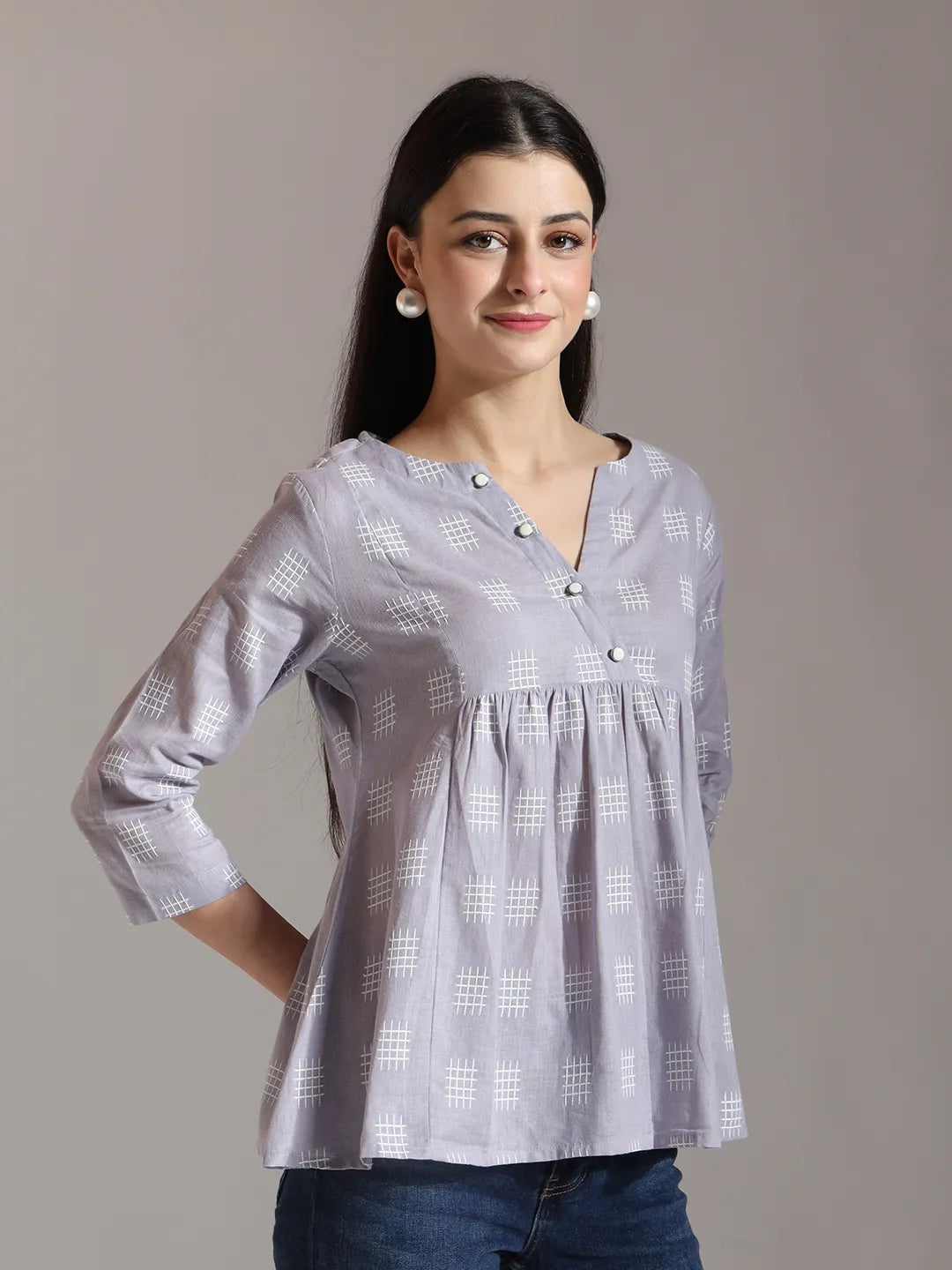 Yufta Purple Handloom Cotton Gathered Or Pleated Top | Grocsy