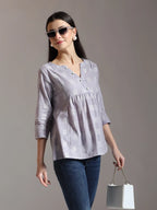 Yufta Purple Handloom Cotton Gathered Or Pleated Top | Grocsy