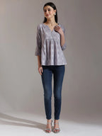 Yufta Purple Handloom Cotton Gathered Or Pleated Top | Grocsy