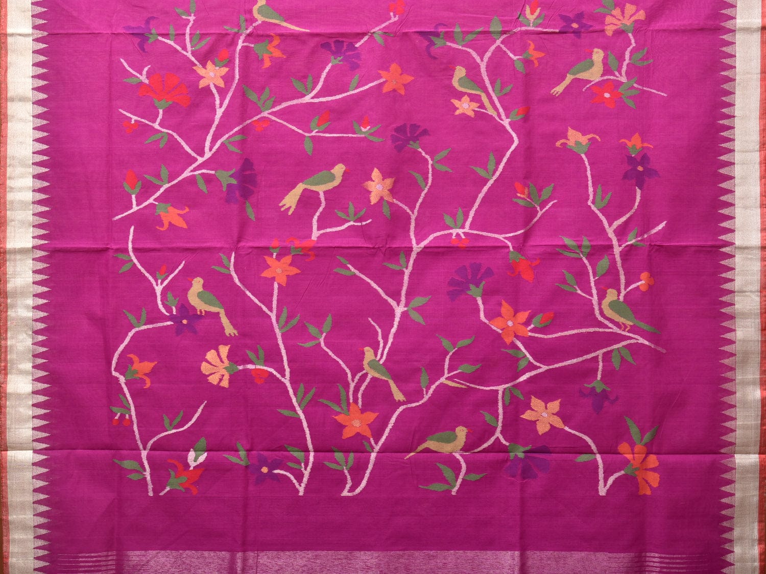 Purple Khadi Cotton Handloom Saree with Plant and Birds Pallu Design - Global Threads | Grocsy