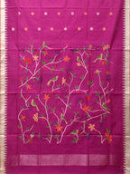 Purple Khadi Cotton Handloom Saree with Plant and Birds Pallu Design - Global Threads | Grocsy